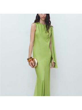 Mango Lime Green One-Shoulder Evening Dress